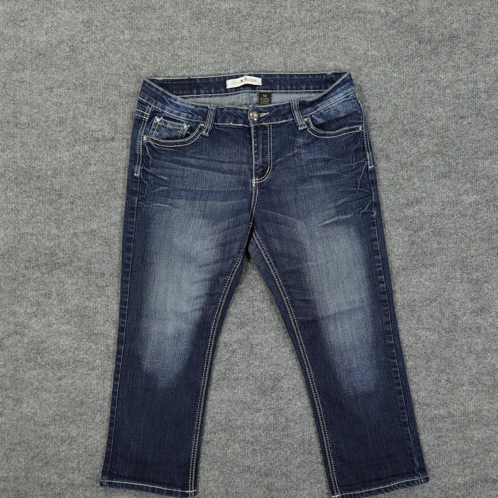 Love x Nation Jeans Womens 12 Blue Denim‎ Capri Cropped Rhinestone Fleur-de-Lis